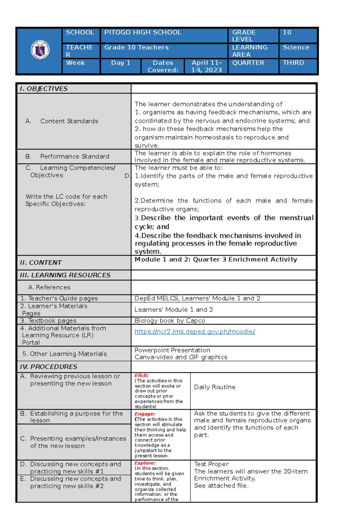 DLL-Q3 Review-Day-1 - Teaching materials - SCHOOL PITOGO HIGH SCHOOL ...