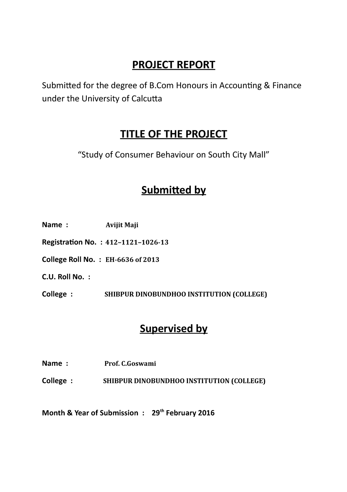 Koustav - Study Of Consumer Behaviour - Copy - PROJECT REPORT Submitted ...