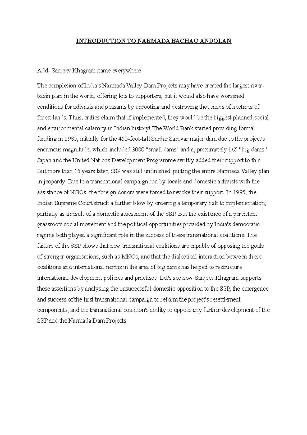 Introduction TO Narmada Bachao Andolan INTRODUCTION TO NARMADA BACHAO