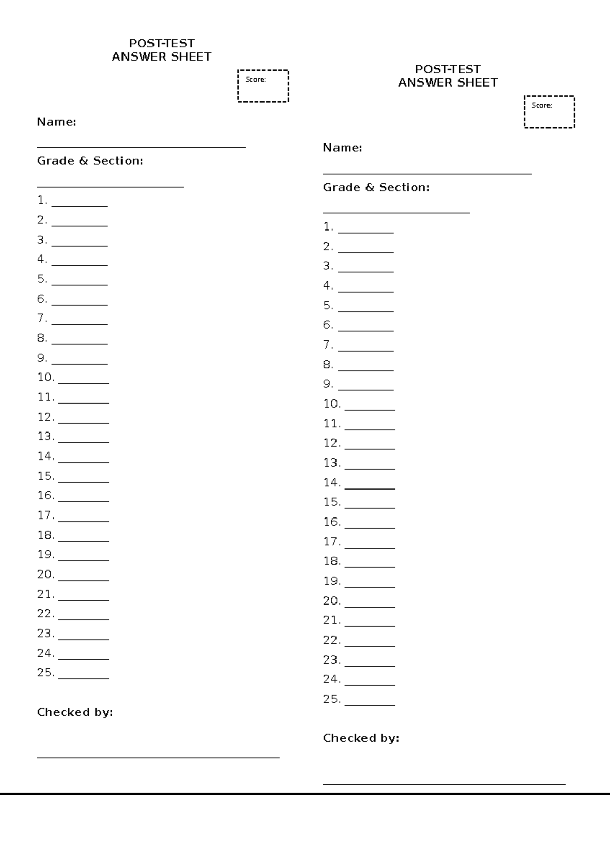 Answersheet- Format - Score: Score: POST-TEST ANSWER SHEET Name: - Studocu