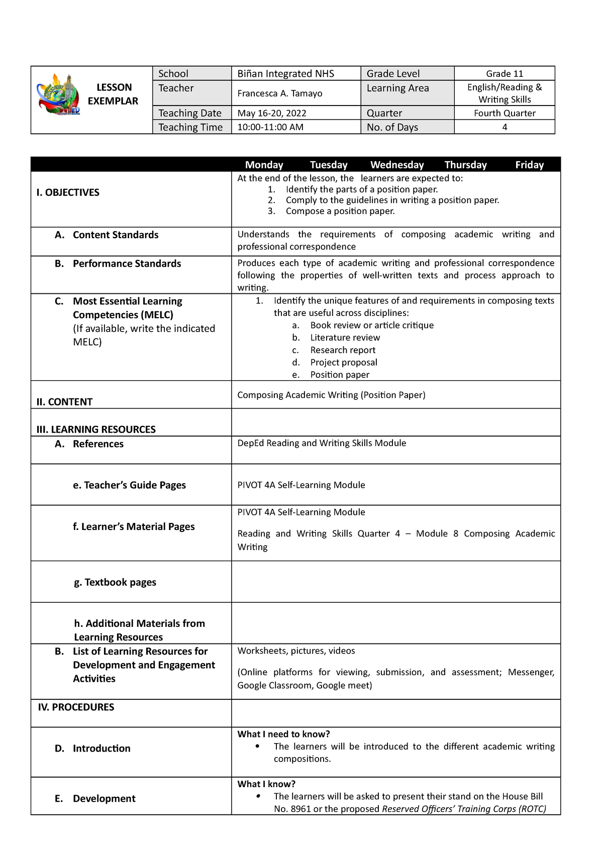 COT 1- Position Paper - Lesson Exemplar - LESSON EXEMPLAR School Biñan ...