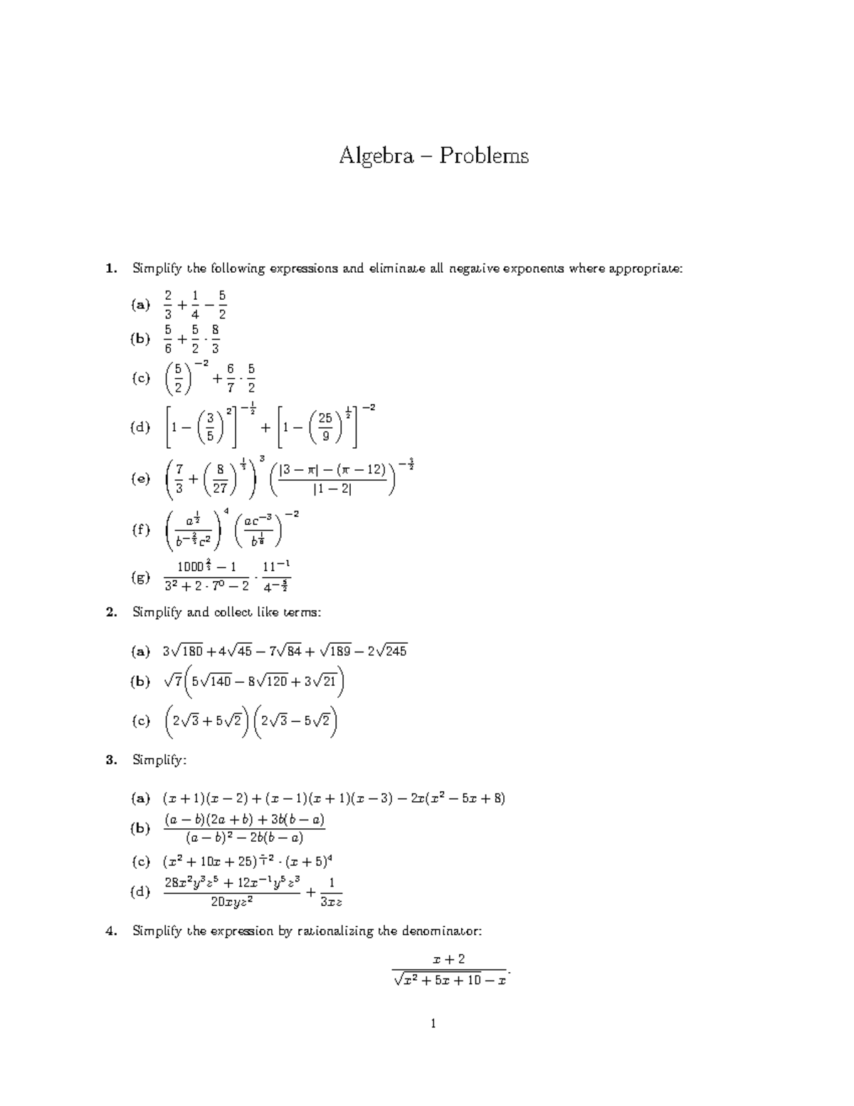 Algebra problems - Algebra – Problems Simplify the following ...