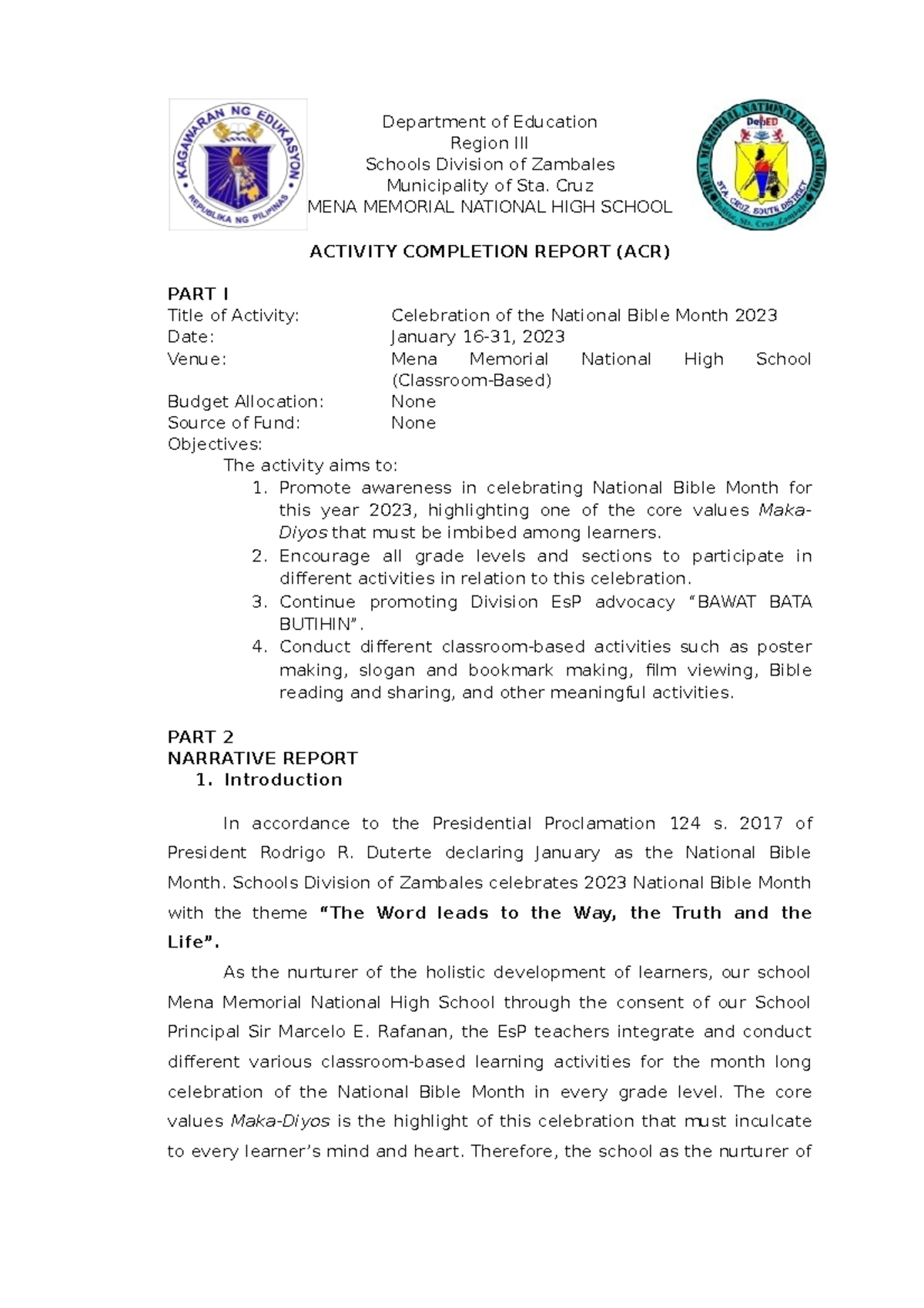 ACR Bible Month Celebration 2023 Mmnhs Mena Department of Education