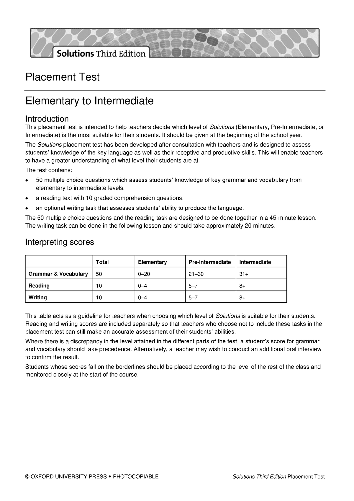 Sol3e Placement Test - Placement Test Elementary To Intermediate ...