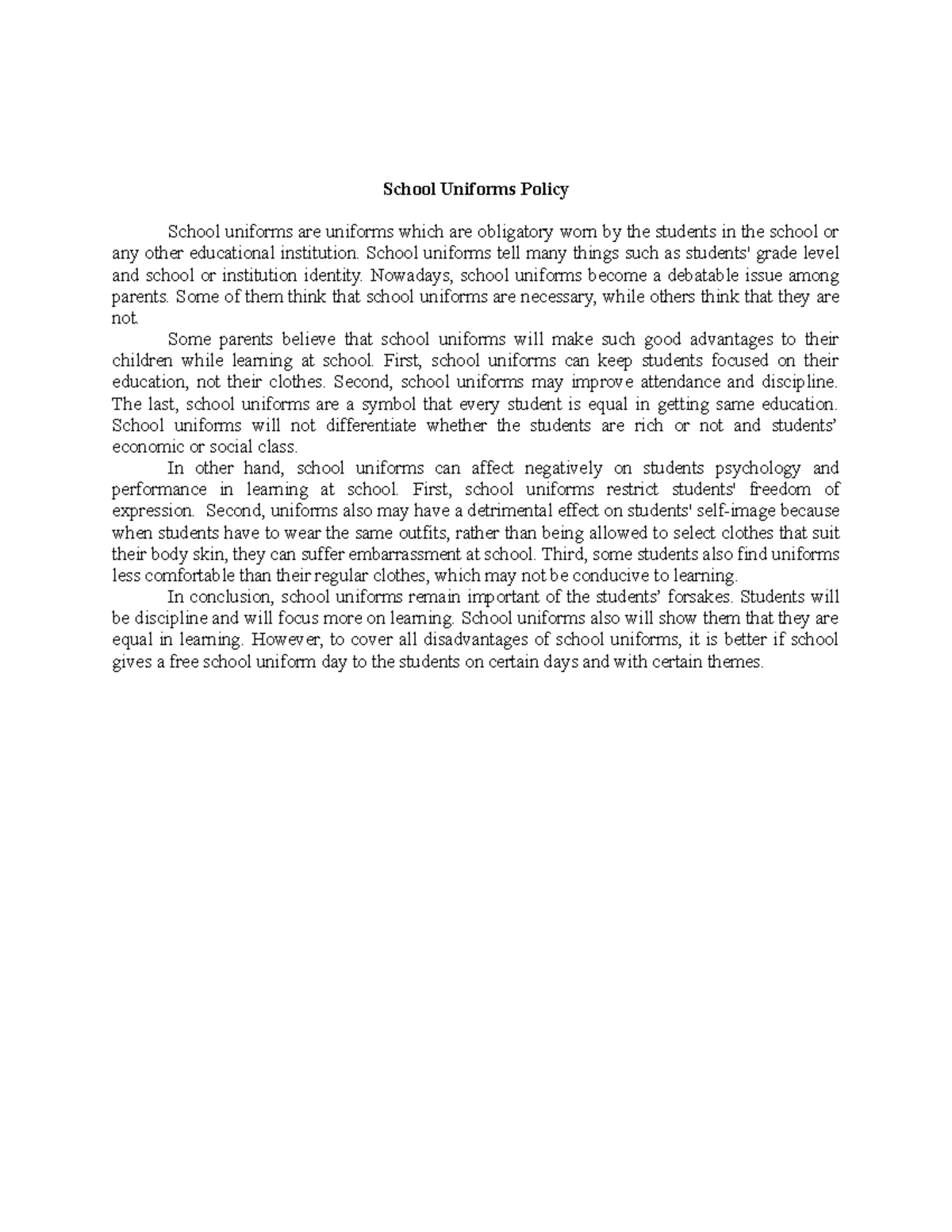 Essay CRW Critical Reading and Writing Course School Uniforms