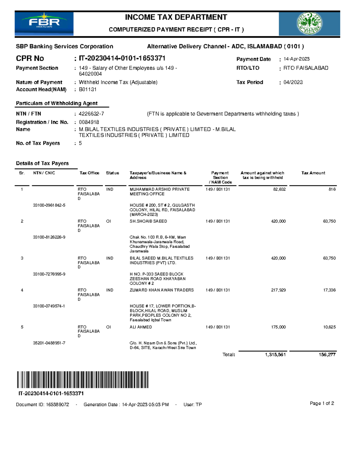 April 23 - INCOME TAX DEPARTMENT COMPUTERIZED PAYMENT RECEIPT ( CPR ...