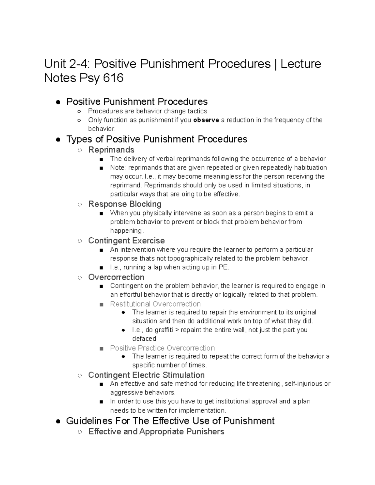 Unit 2 4 Positive Punishment Procedures Lecture Notes Psy 616 Types 