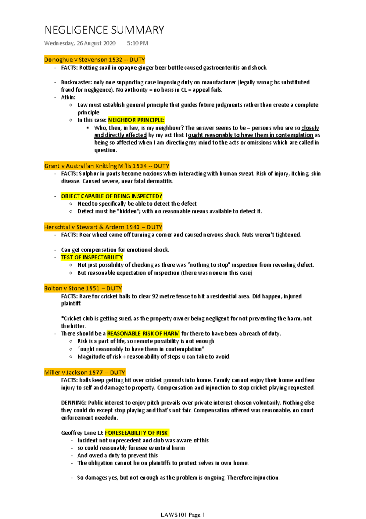 LAWS101 Negligence Short Summary - Donoghue v Stevenson 1932 -DUTY ...