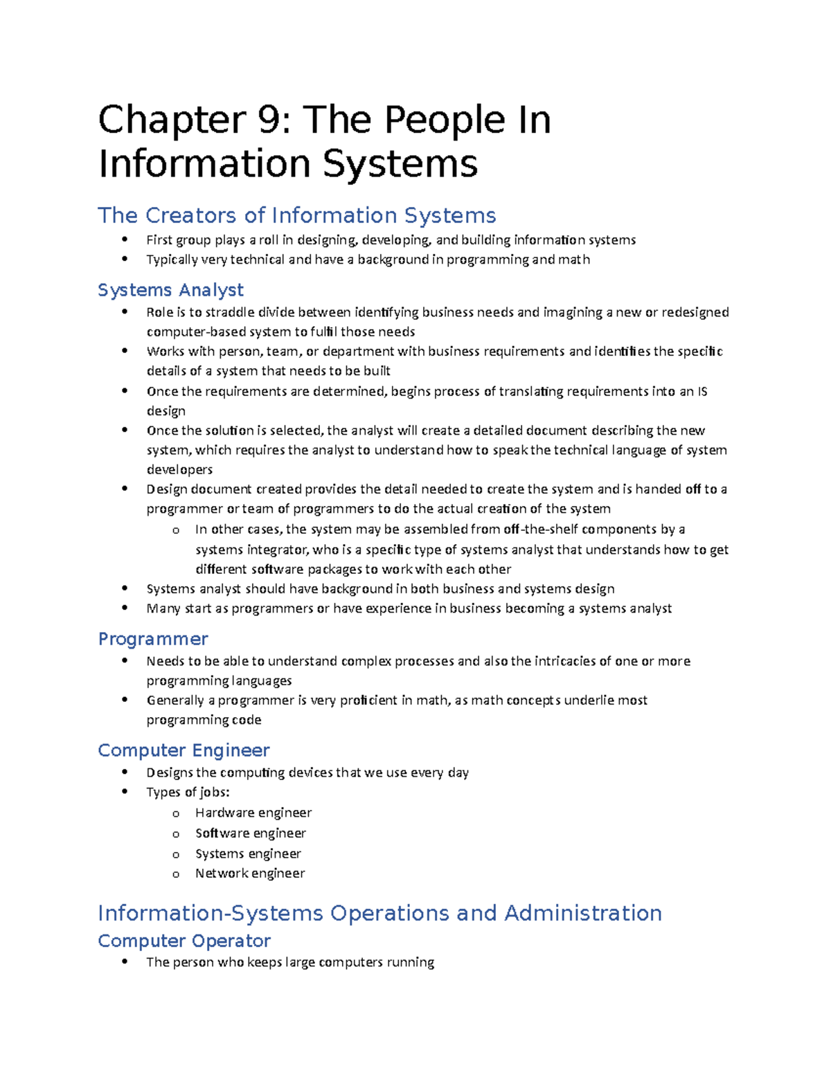 Chapter 9 Notes CIS 310 - Chapter 9: The People In Information Systems ...