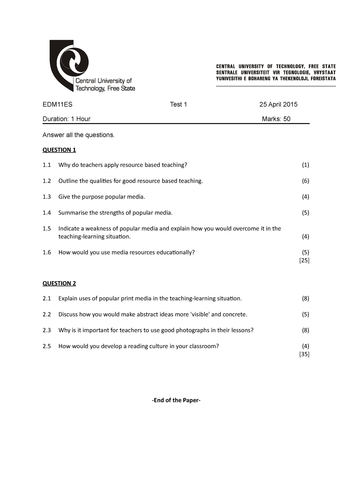 Test 1 May 2011, questions - EDM11ES Test 1 25 April 2015 Duration: 1 Sns-Brigh10