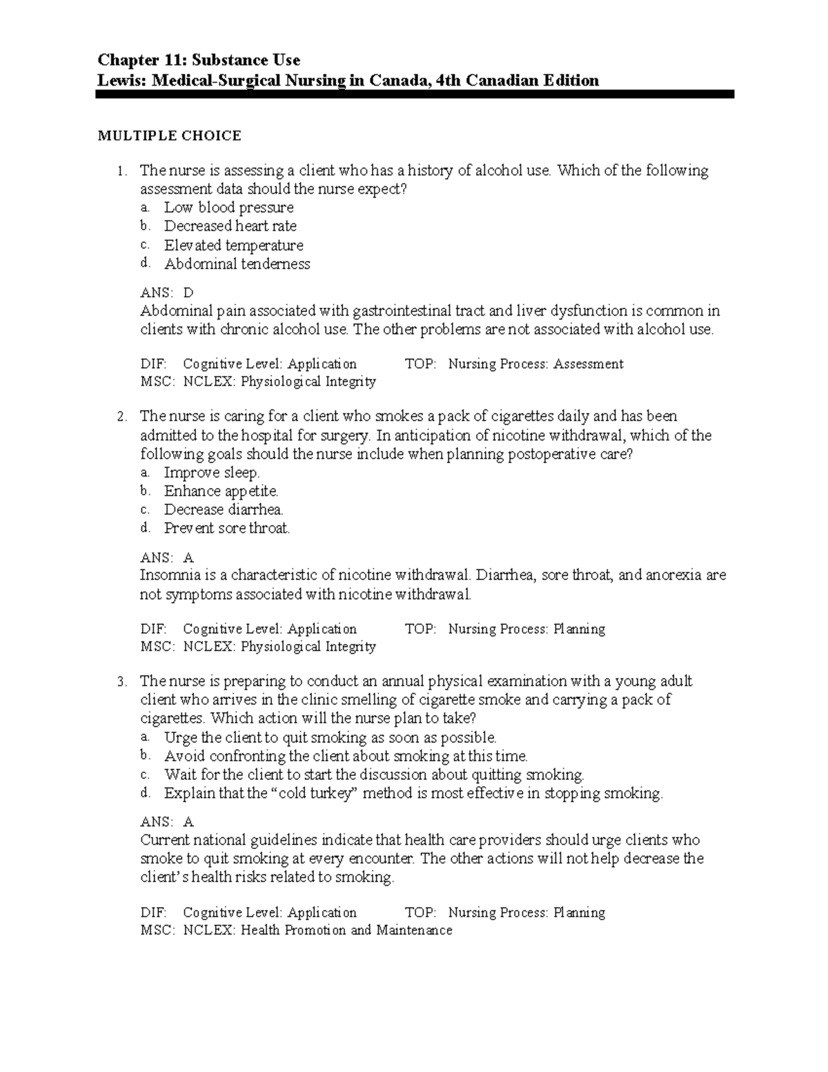 Medsurg Chapter 11 - Chapter 11: Substance Use Lewis: Medical-surgical 