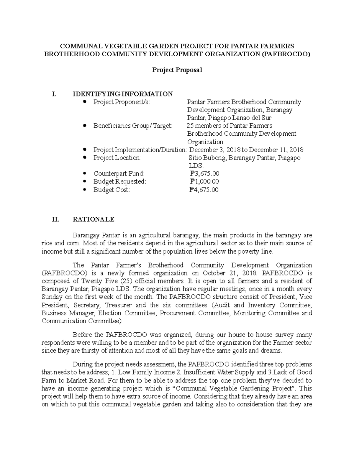 1 Project Proposal COMMUNAL VEGETABLE GARDEN PROJECT FOR PANTAR