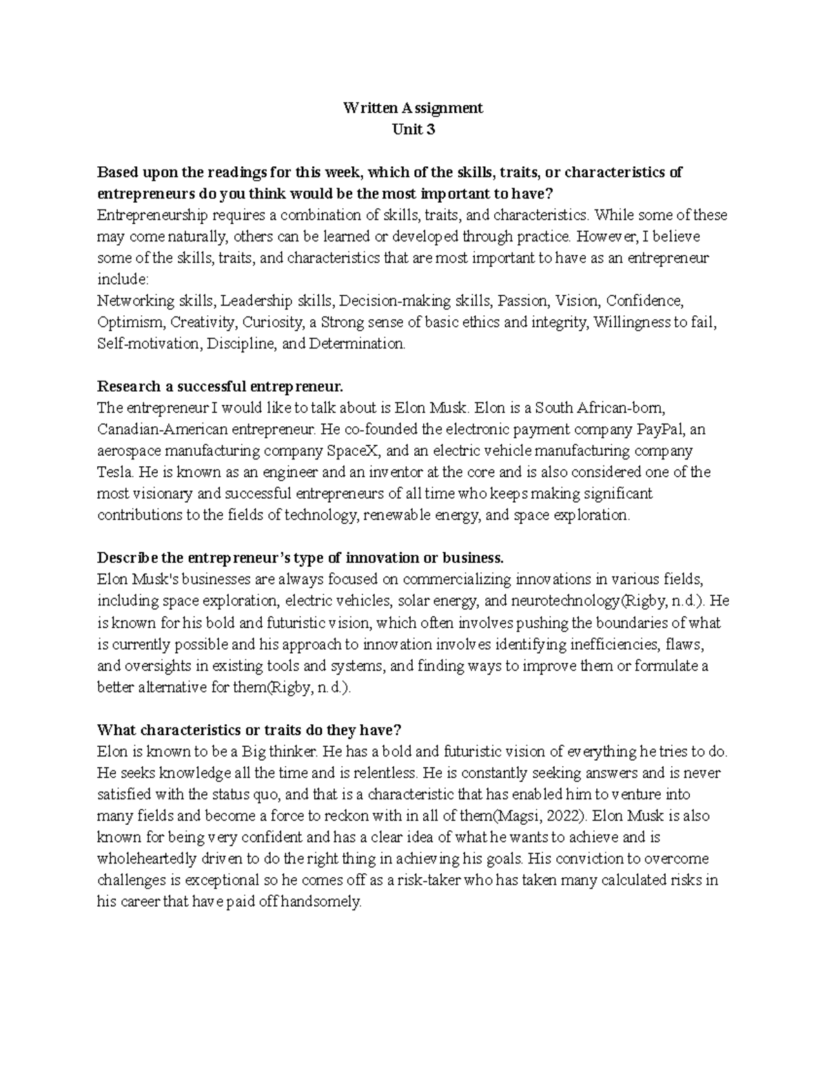 Ent WA3 - Entrepreneurship 3, week 3, unit 3, written assignment ...
