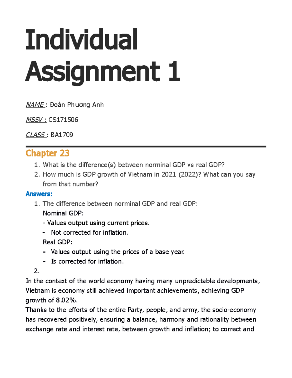 Individual Assignment 1 ECO121 - Individual Assignment 1 NAME : Đoàn Ph ...