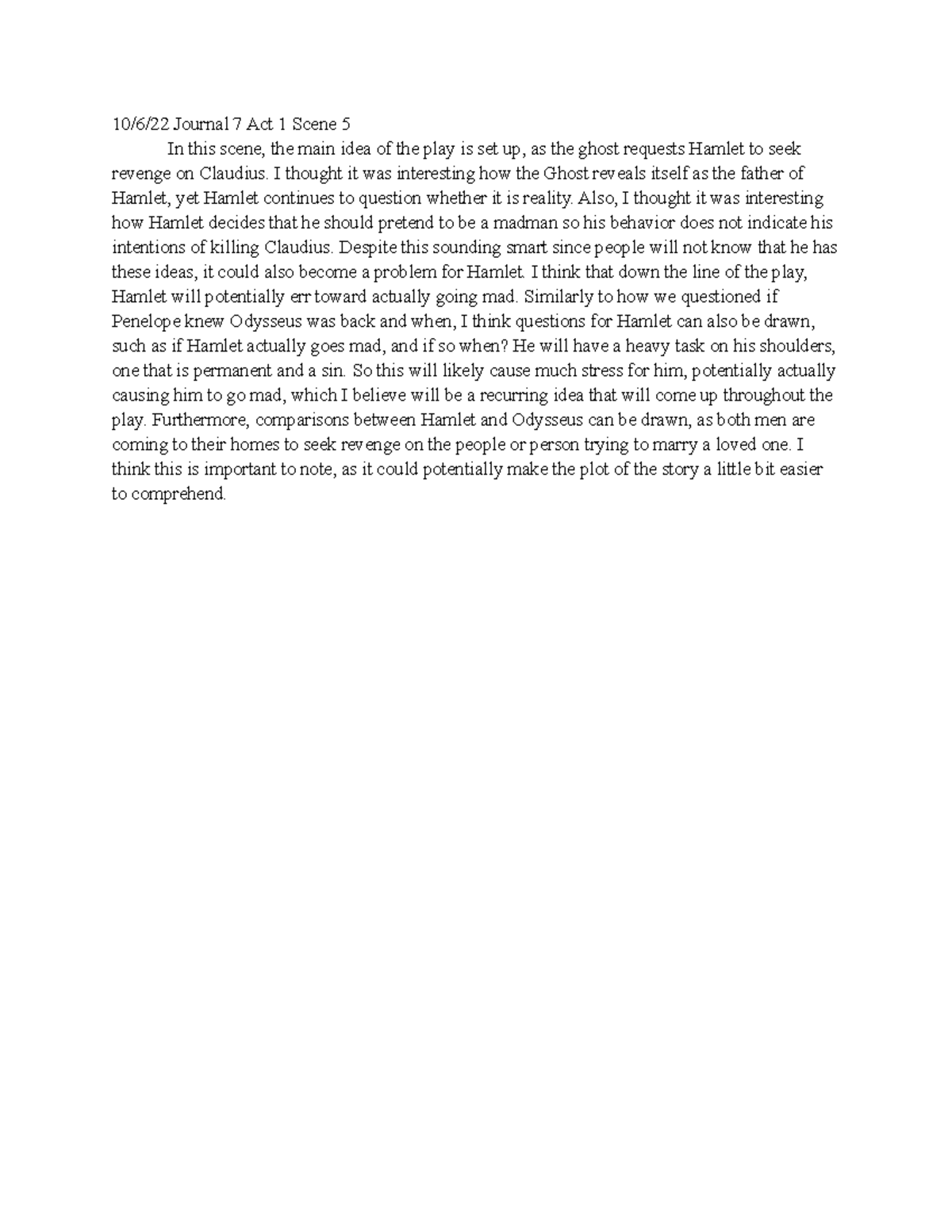 Journal Entry Shakespeare Hamlet Act 1 Scene 5 10/6/22 Journal 7 Act