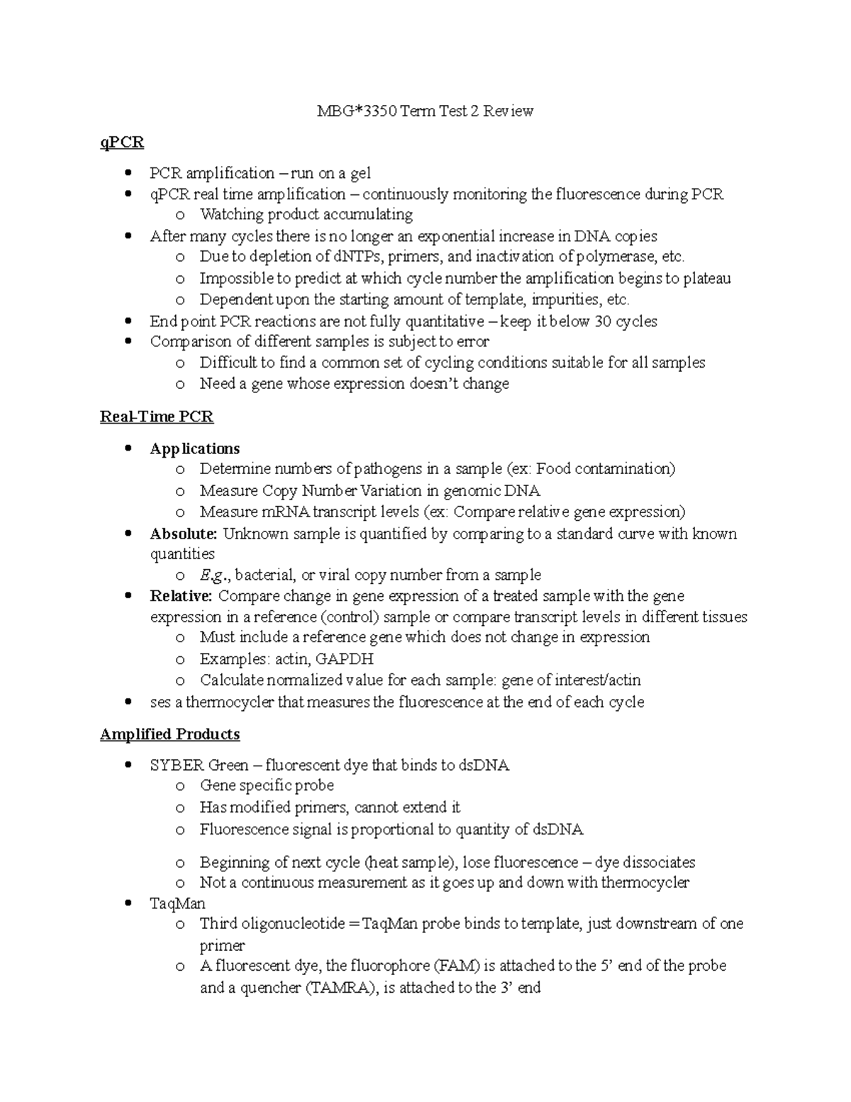 MBG3350 Term Test 2 Review - MBG*3350 Term Test 2 Review qPCR PCR ...