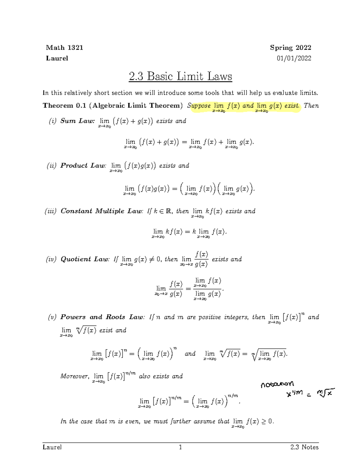2-3 Notes Handout 1321 - Math 1321 Spring 2022 Laurel 01/01/ 2 Basic ...