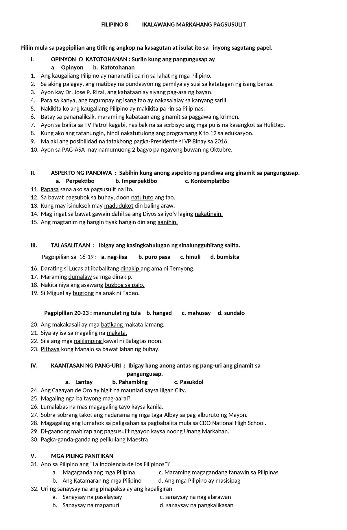 268222001 Filipino 8 Periodical Examination - FILIPINO 8 IKALAWANG ...