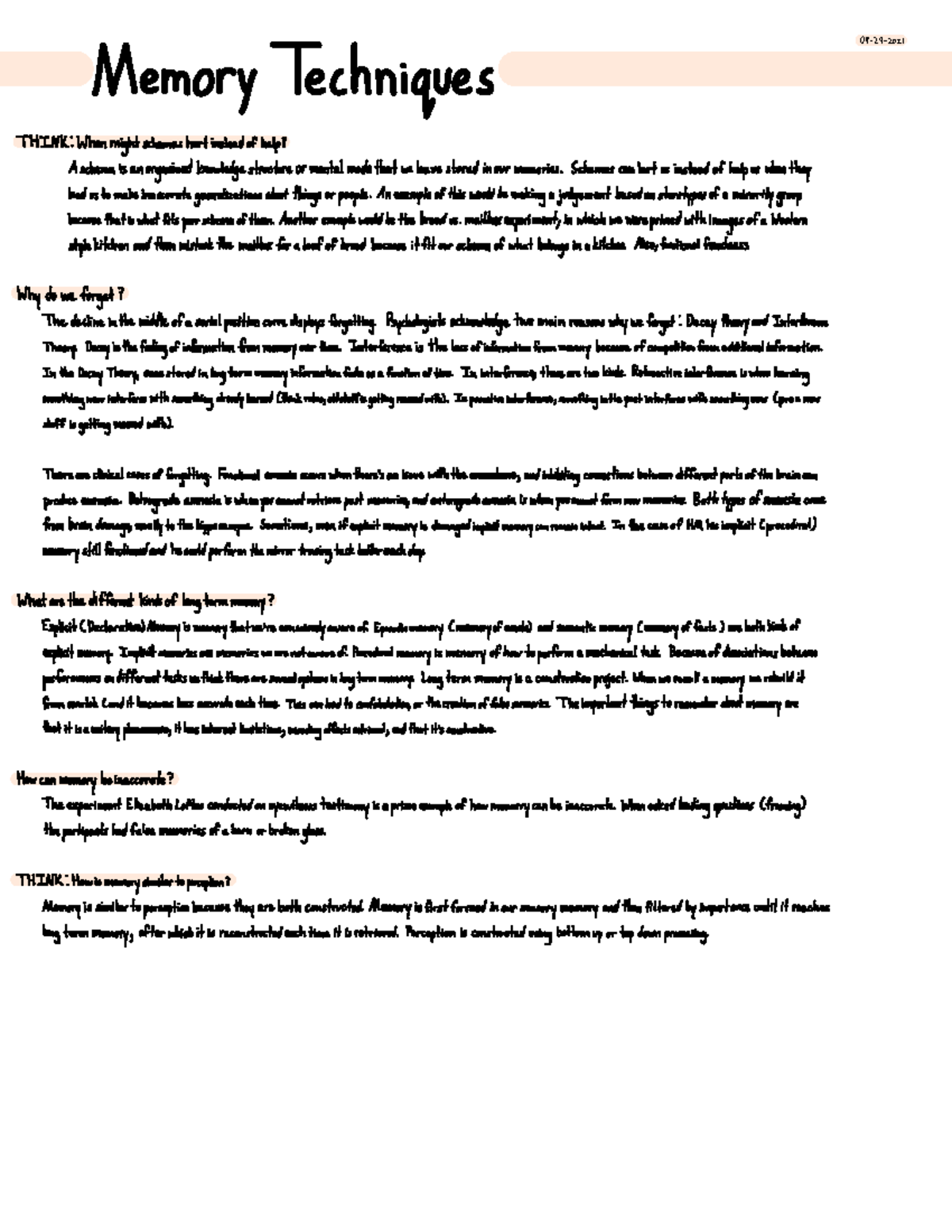 Memory Techniques - Handwritten Notes - techniques 