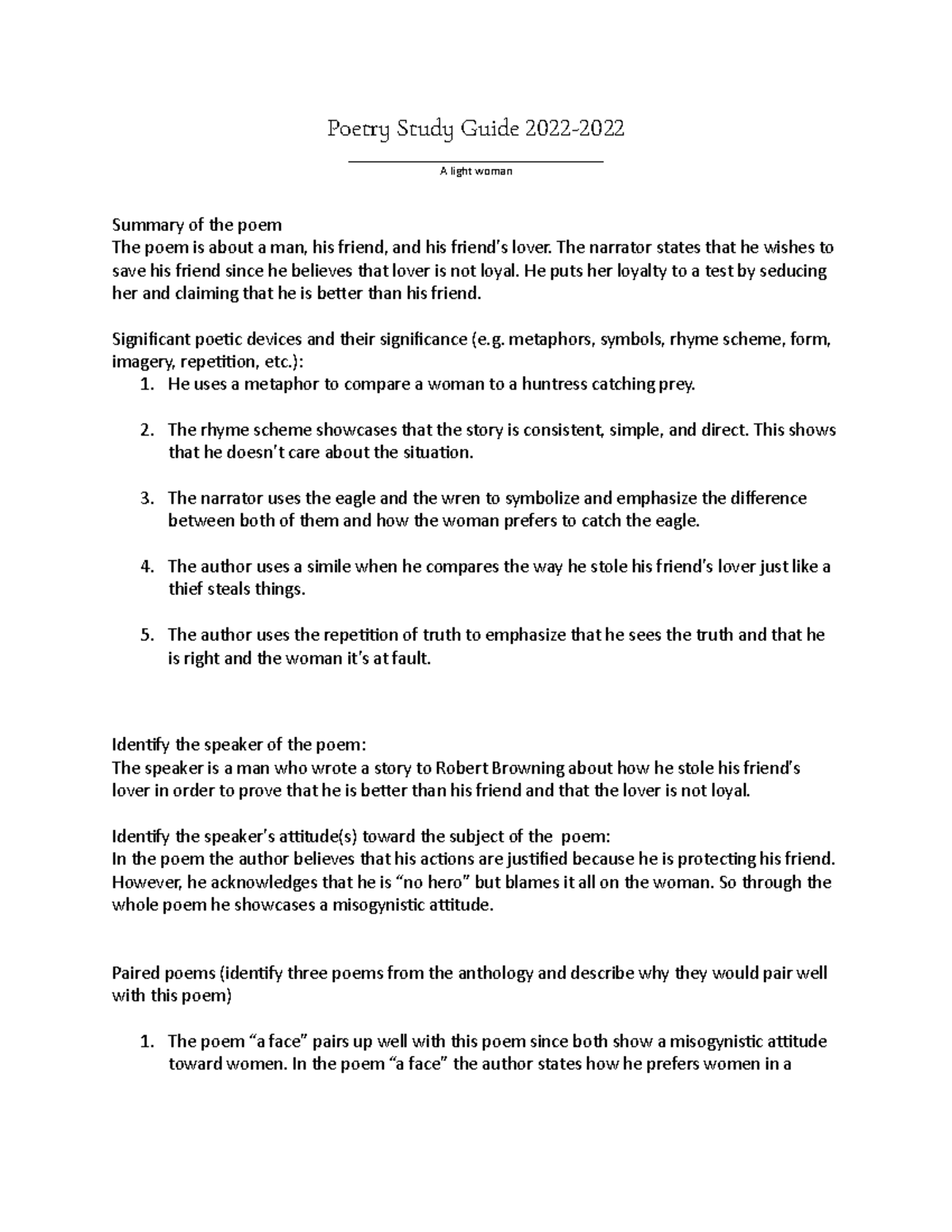 A light woman - Poetry analysis on a Robert browning poem - Poetry ...