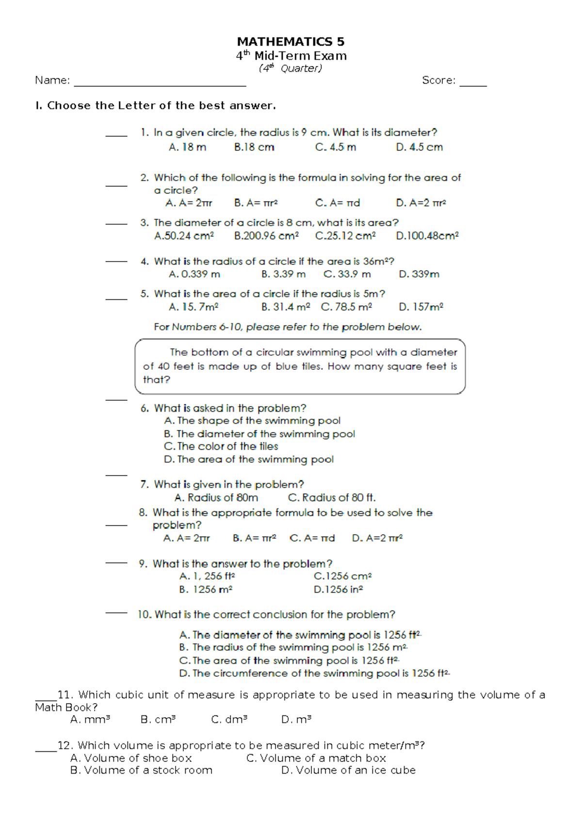 MATH5 Midterm - MATHEMATICS 5 4 th Mid-Term Exam (4th Quarter) Name ...