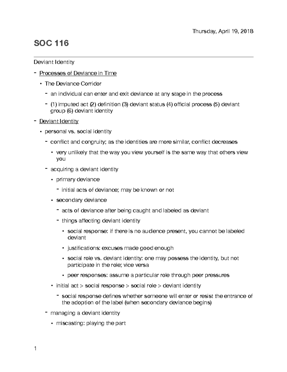 Lecture 11 notes - Thursday, April 19, 2018 SOC 116 Deviant Identity ...