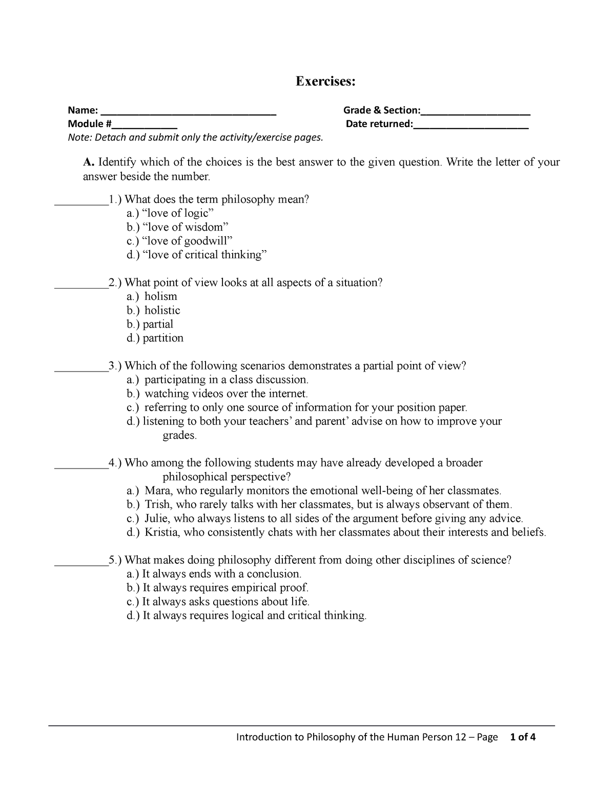 Intro.-to-Philo Q1 W1 M1 Actiyity Sheet - Exercises: A. Identify which ...