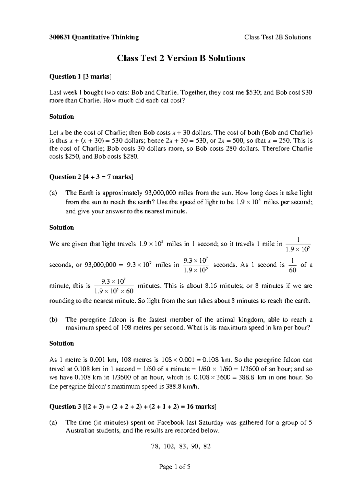Test 2 Spring 2015, answers - 300831 Quantitative Thinking Class Test ...