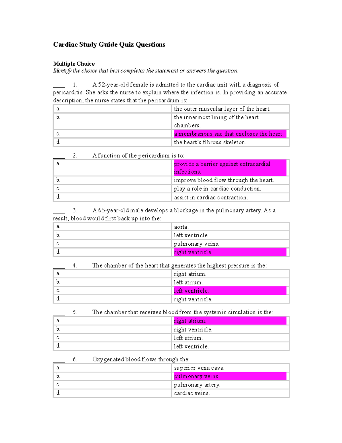 Cardiac Study Guide Questions - Cardiac Study Guide Quiz Questions ...