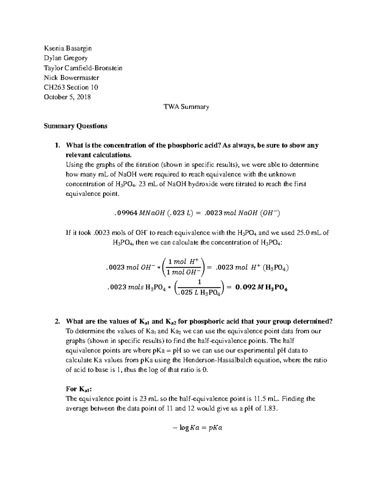 Titration Of Weak Acid Lab Ksenia Basargin Dylan Gregory Taylor