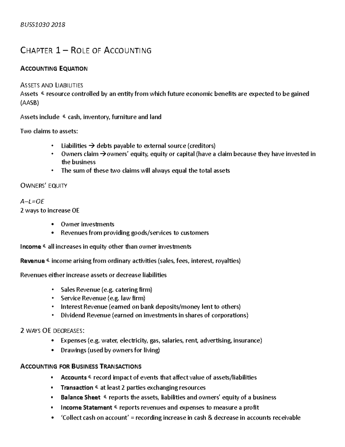 BUSS1030 Notes Updated - BUSS1030 2018 CHAPTER 1 – ROLE OF ACCOUNTING ...
