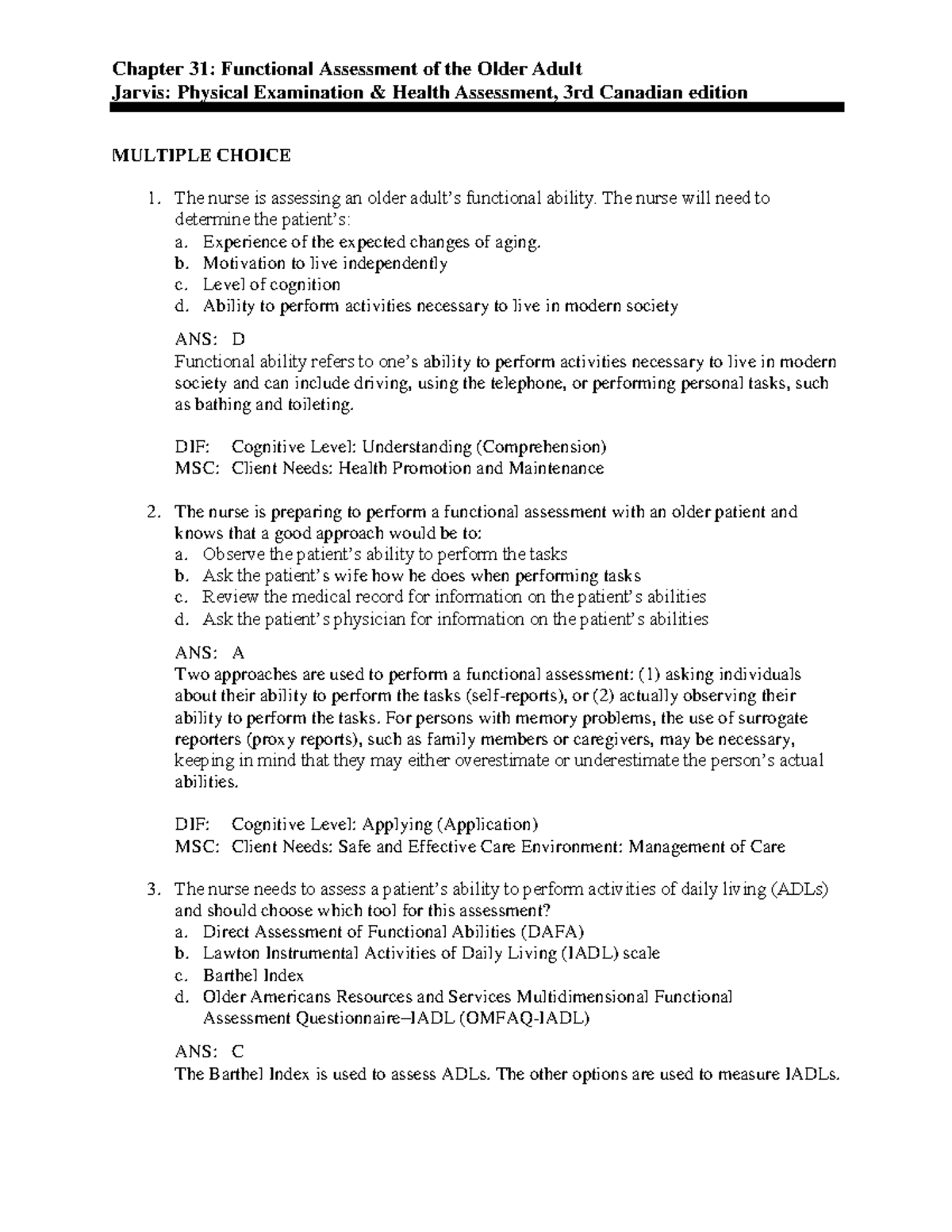 Chapter-31 - Jarvis Test Bank - Chapter 31: Functional Assessment of ...