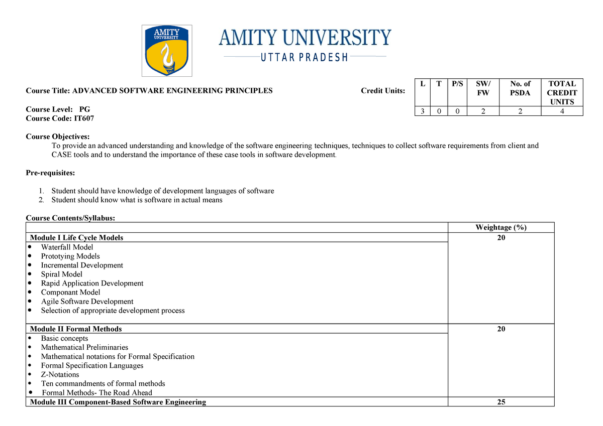 ASE syllabus - AsE - Course Title: ADVANCED SOFTWARE ENGINEERING ...