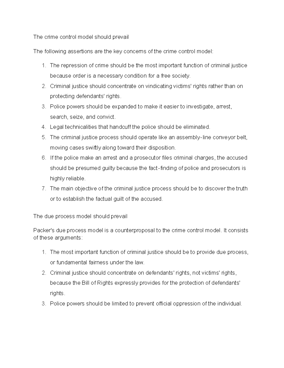 Cj notes - The crime control model should prevail The following ...