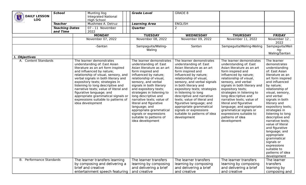 MAD 11 07 11 2022 - english module - i DAILY LESSON LOG School Munting ...