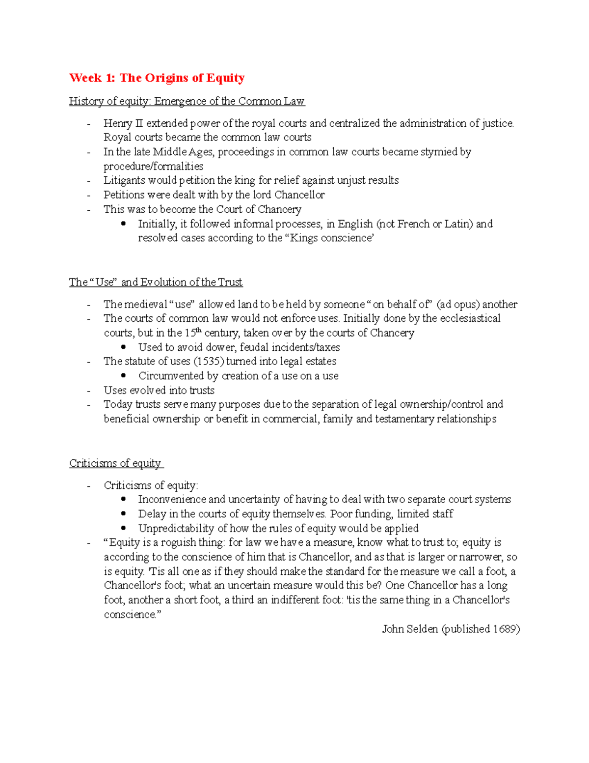 Equity and Trusts Exam Notes - Week 1: The Origins of Equity History of ...