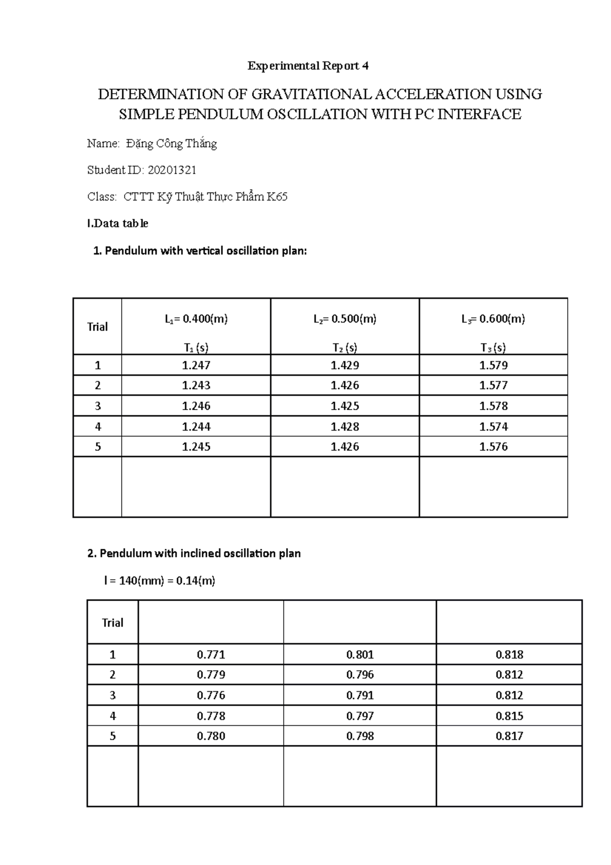 gravitational acceleration experiment report