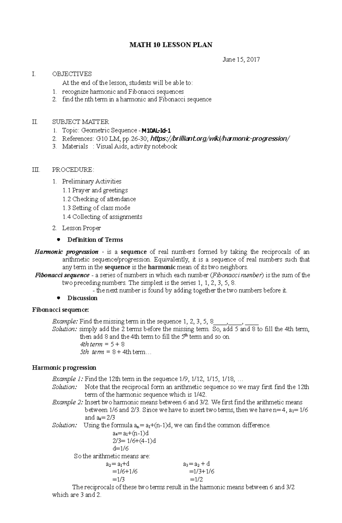 416089897 Harmonic and Fibonacci Sequence - MATH 10 LESSON PLAN June 15 ...