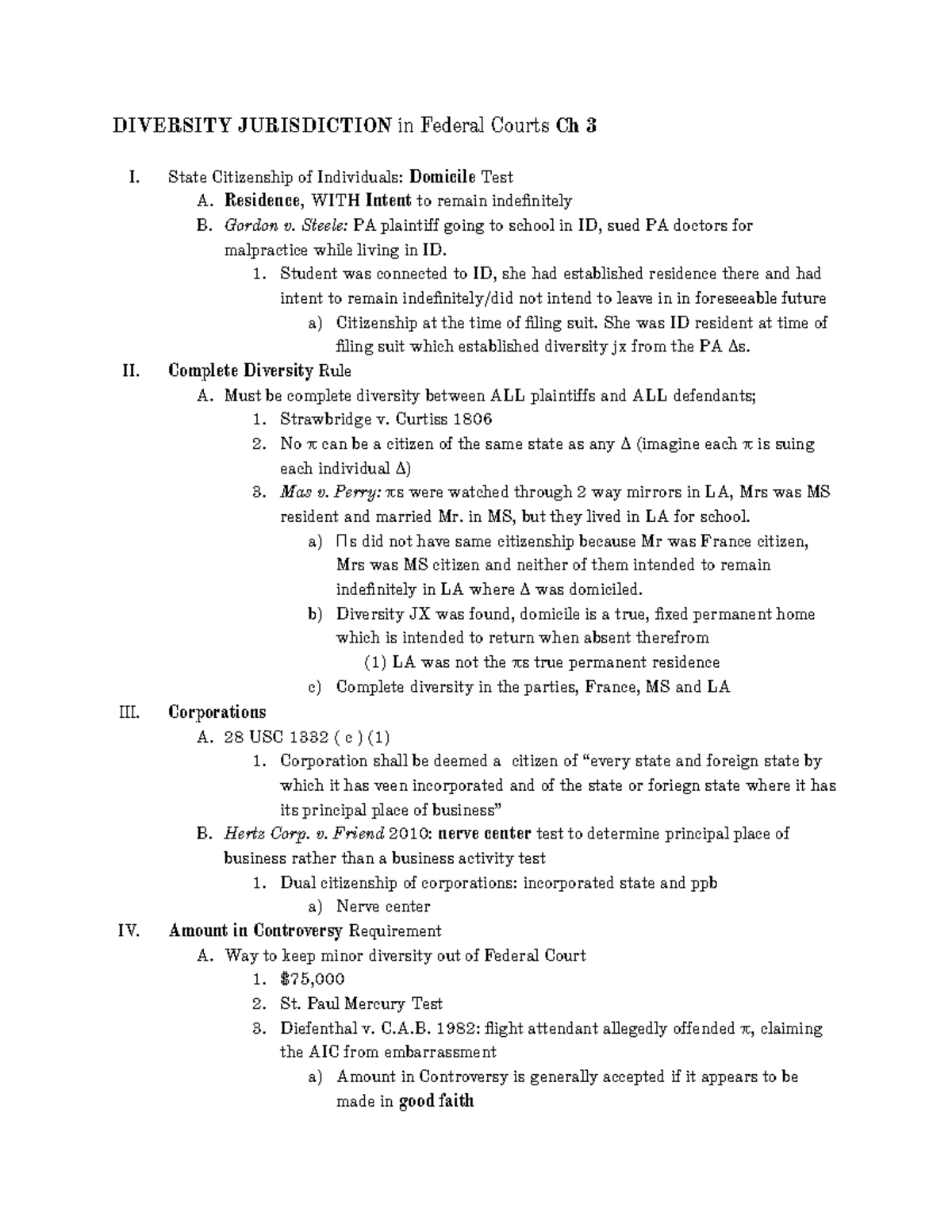 Diversity Jurisdiction summary - DIVERSITY JURISDICTION in Federal ...