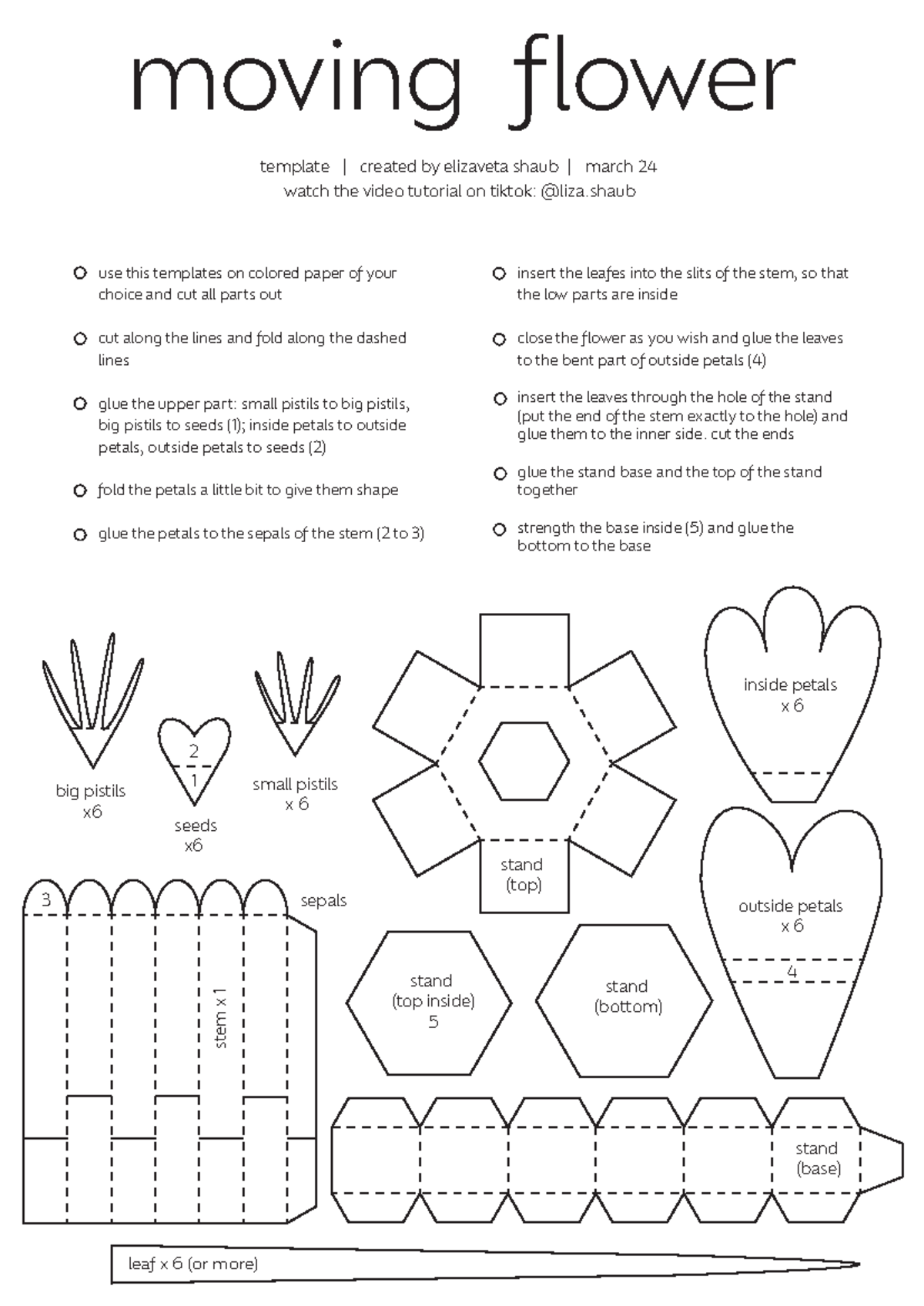 Moving flower template - moving flower leaf x 6 (or more) stand (bottom ...