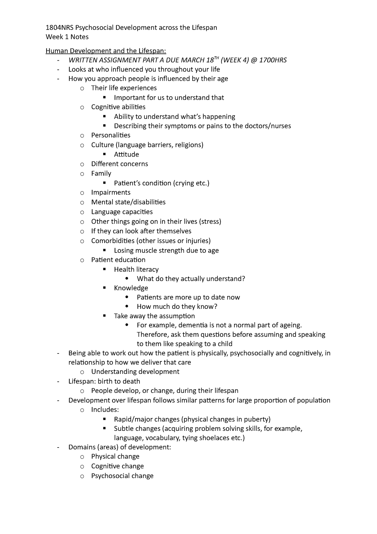 Week 1 Notes - 1804NRS Psychosocial Development across the Lifespan ...