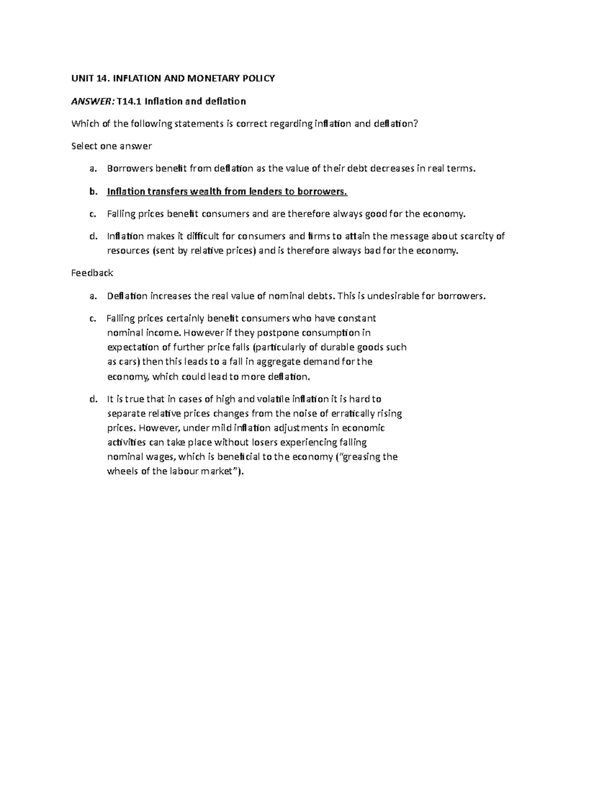 Answers Inflation and Monetary policy - UNIT 14. INFLATION AND MONETARY ...