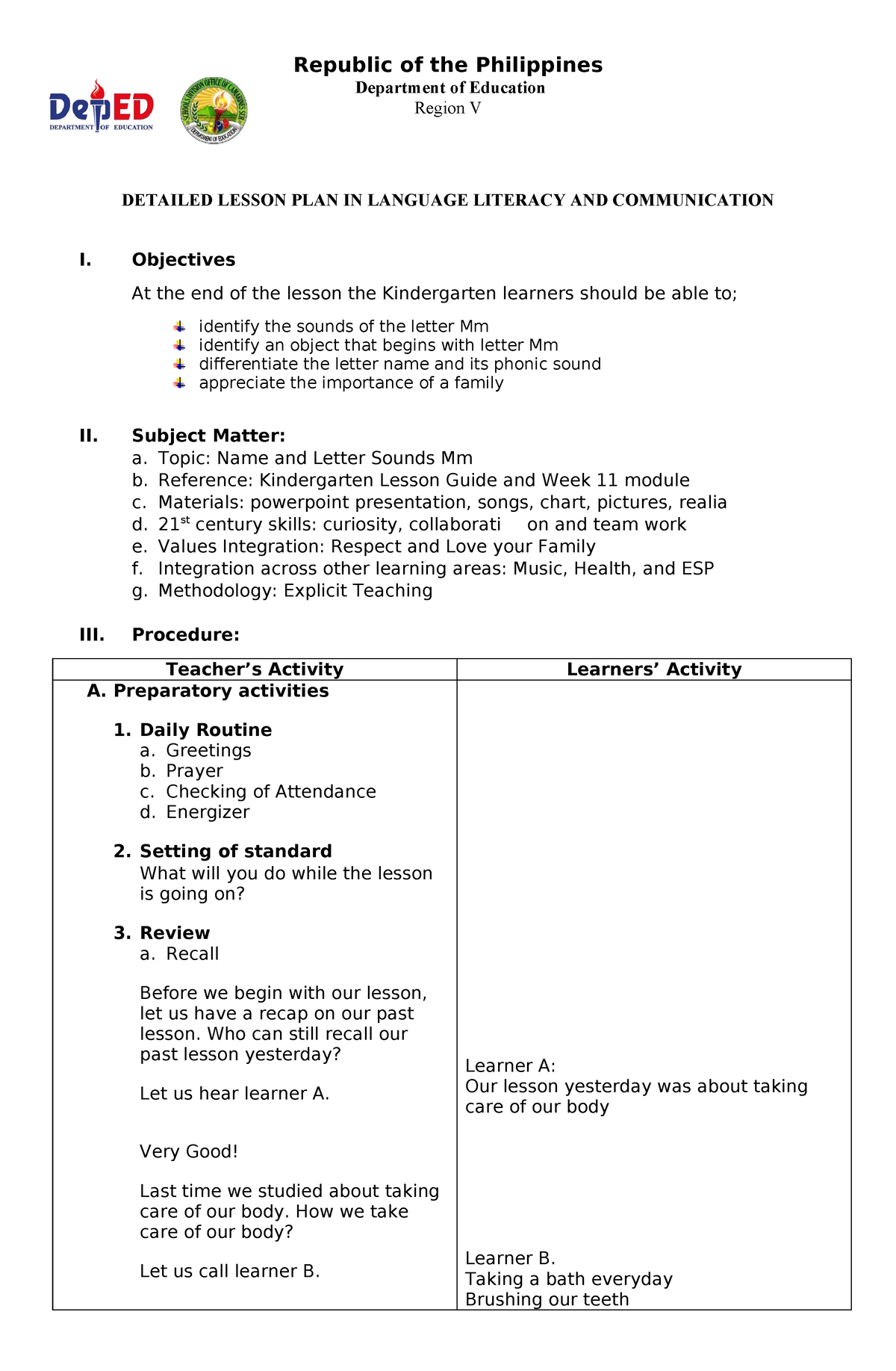 Lesson Plan Kinder Republic Of The Philippines Department Of Education Region V Detailed 8695