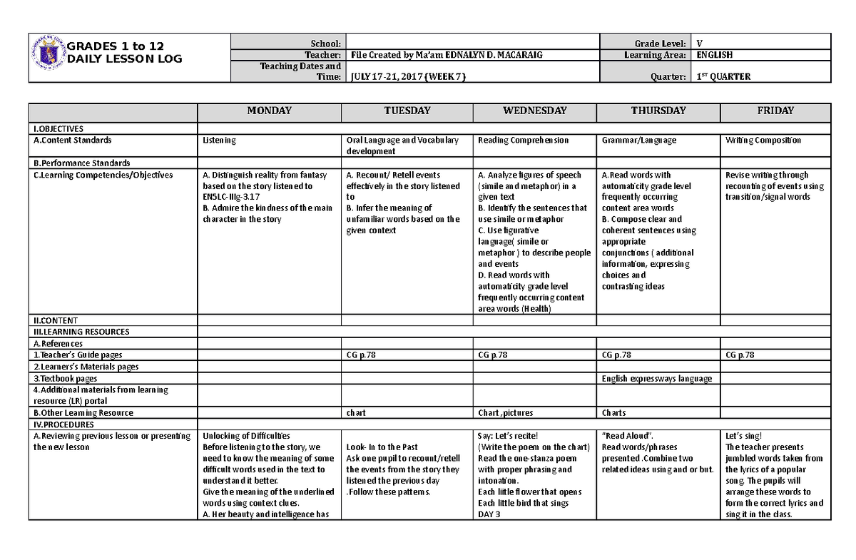 Grade 5 DLL English 5 Q1 Week 7 - GRADES 1 to 12 DAILY LESSON LOG ...