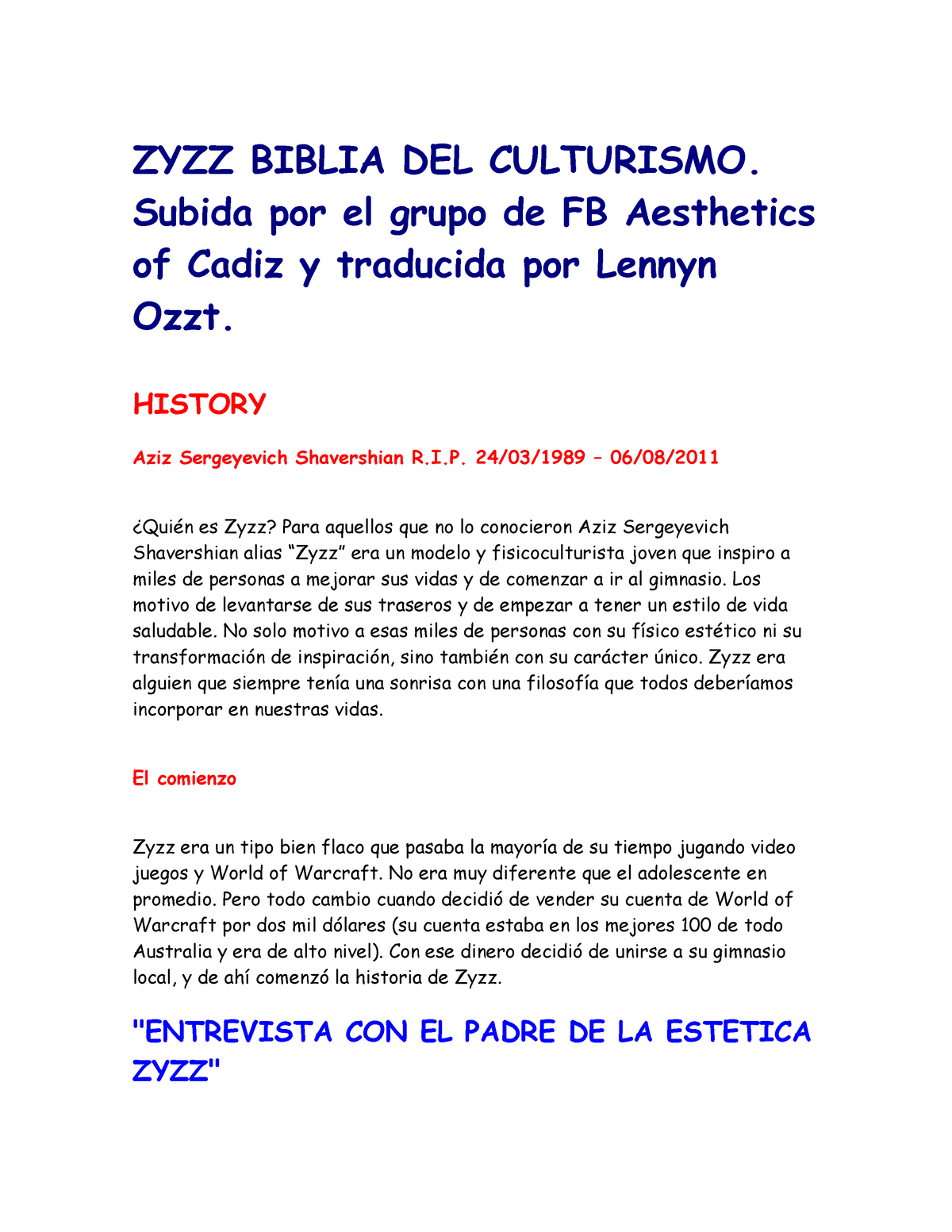 La biblia de zyzz espanol - ZYZZ BIBLIA DEL CULTURISMO. Subida por el grupo  de FB Aesthetics of - Studocu