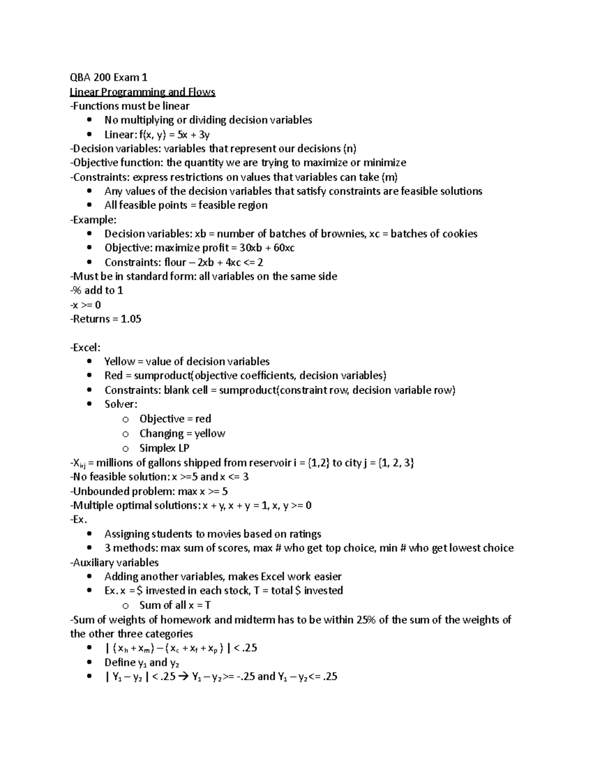 QBA 200 Study Guide - QBA 200 Exam 1 Linear Programming and Flows ...