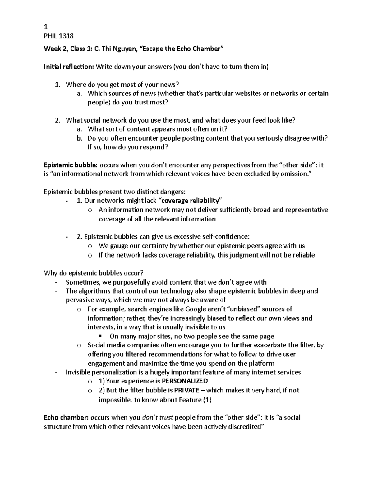 W2C1 Handout Nguyen Escape the Echo Chamber - 1 PHIL 1318 Week 2, Class ...