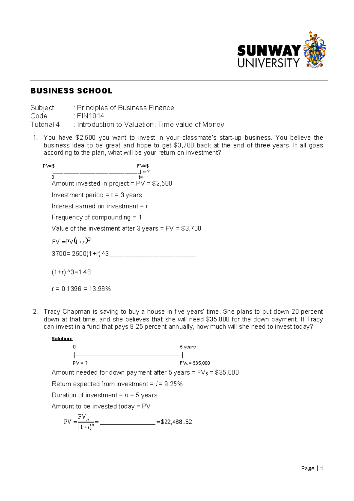 Tutorial 4 Introduction to Valuation - TVM student - BUSINESS SCHOOL ...