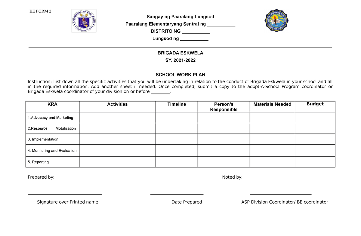 Brigada Eskwela FORM 2 School WORK PLAN - Sangay ng Paaralang Lungsod ...