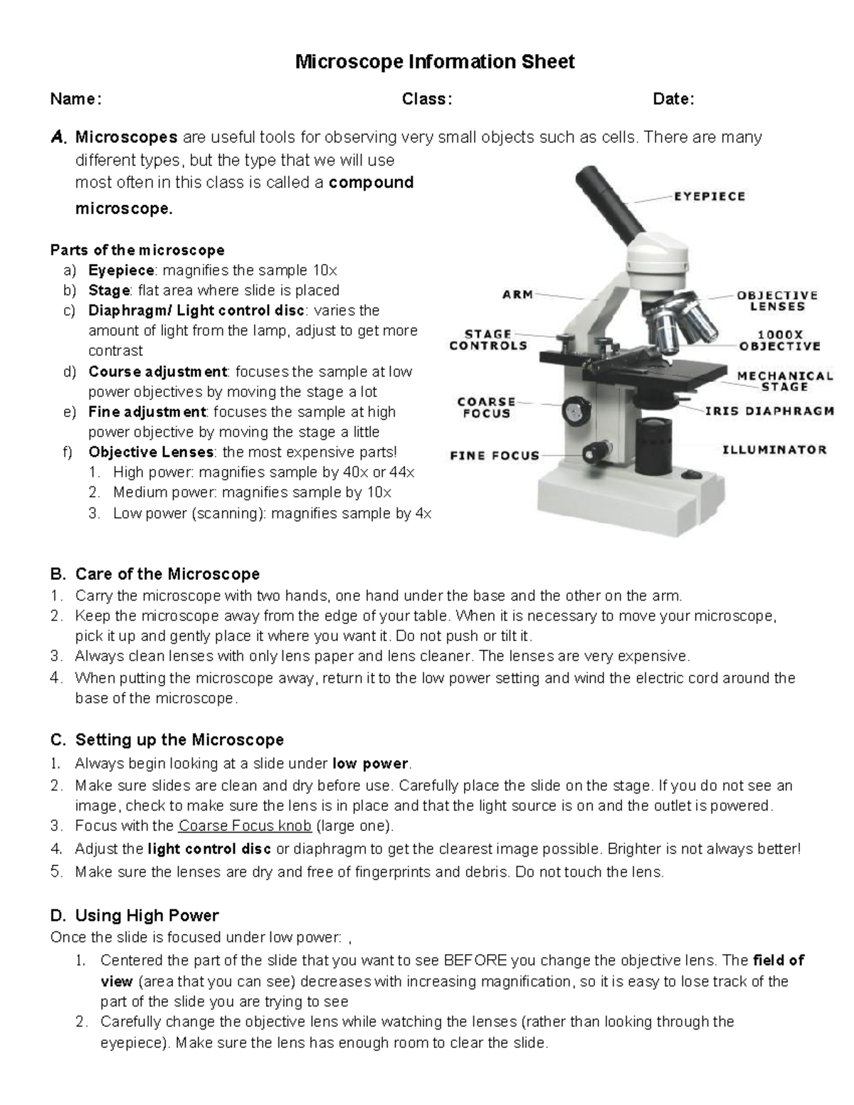 MicroscopeInformationSheet Microscope Information Sheet Name Class